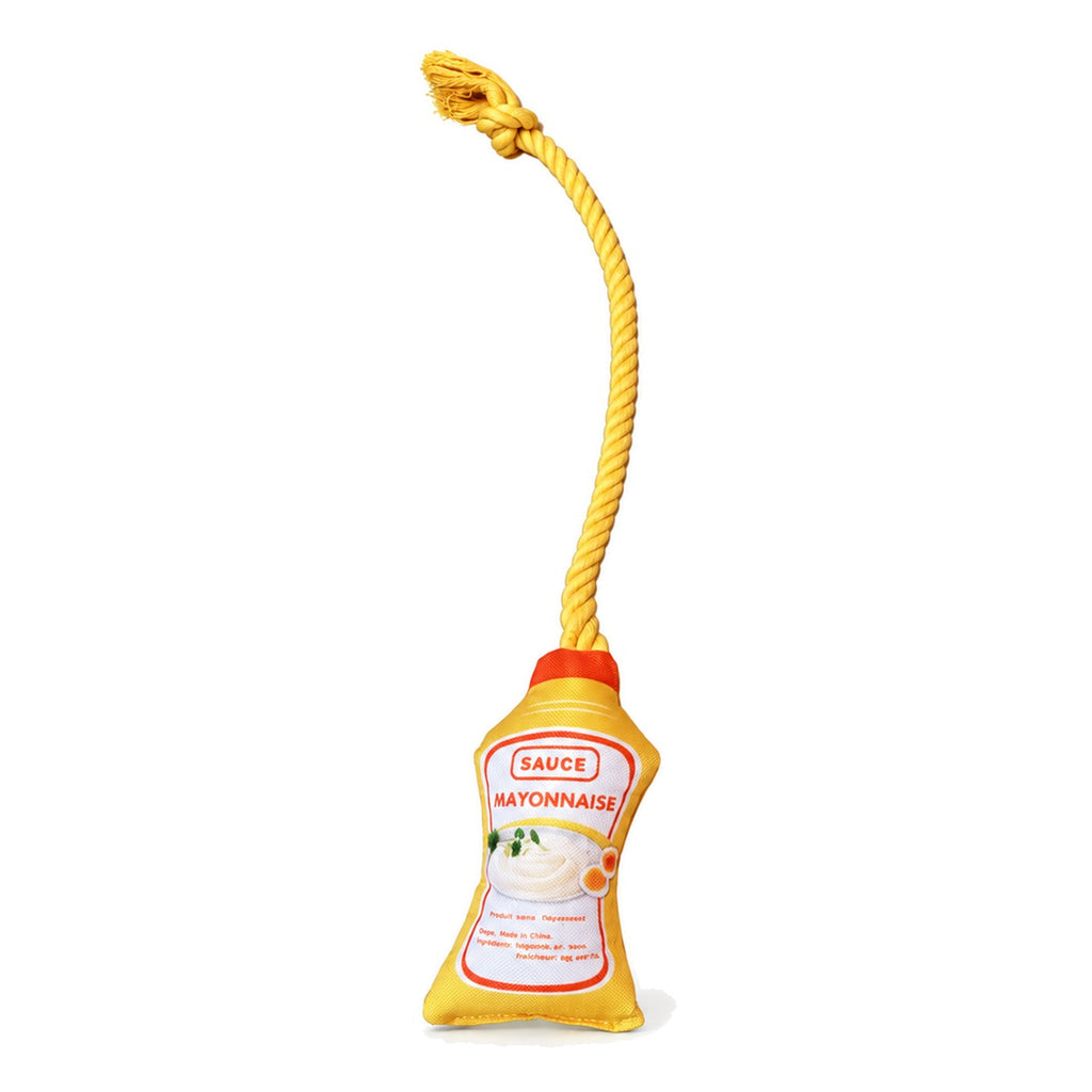 Mayonnaise sauce-bottle rope toy with yellow rope loop on white