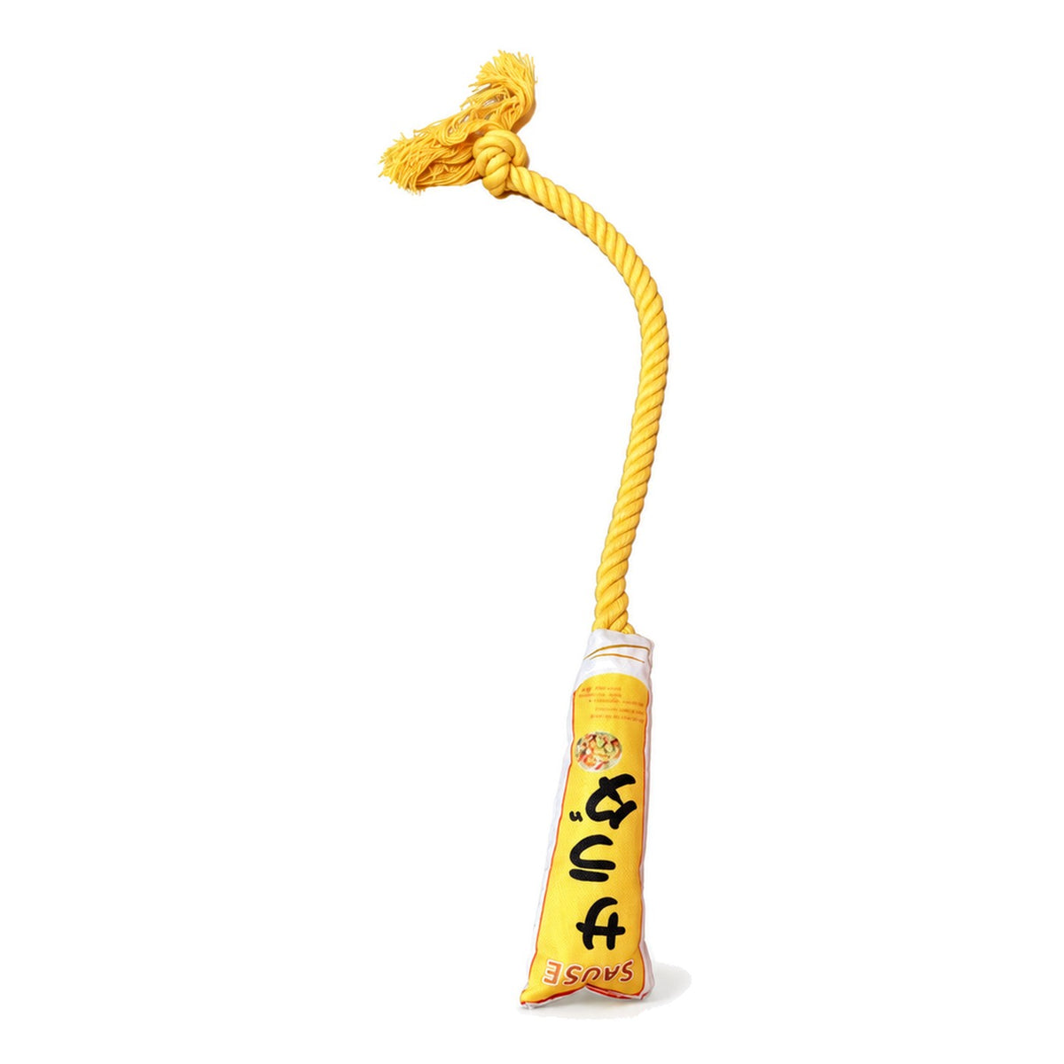 Salad Dressing sauce-tube rope toy with yellow rope loop on white