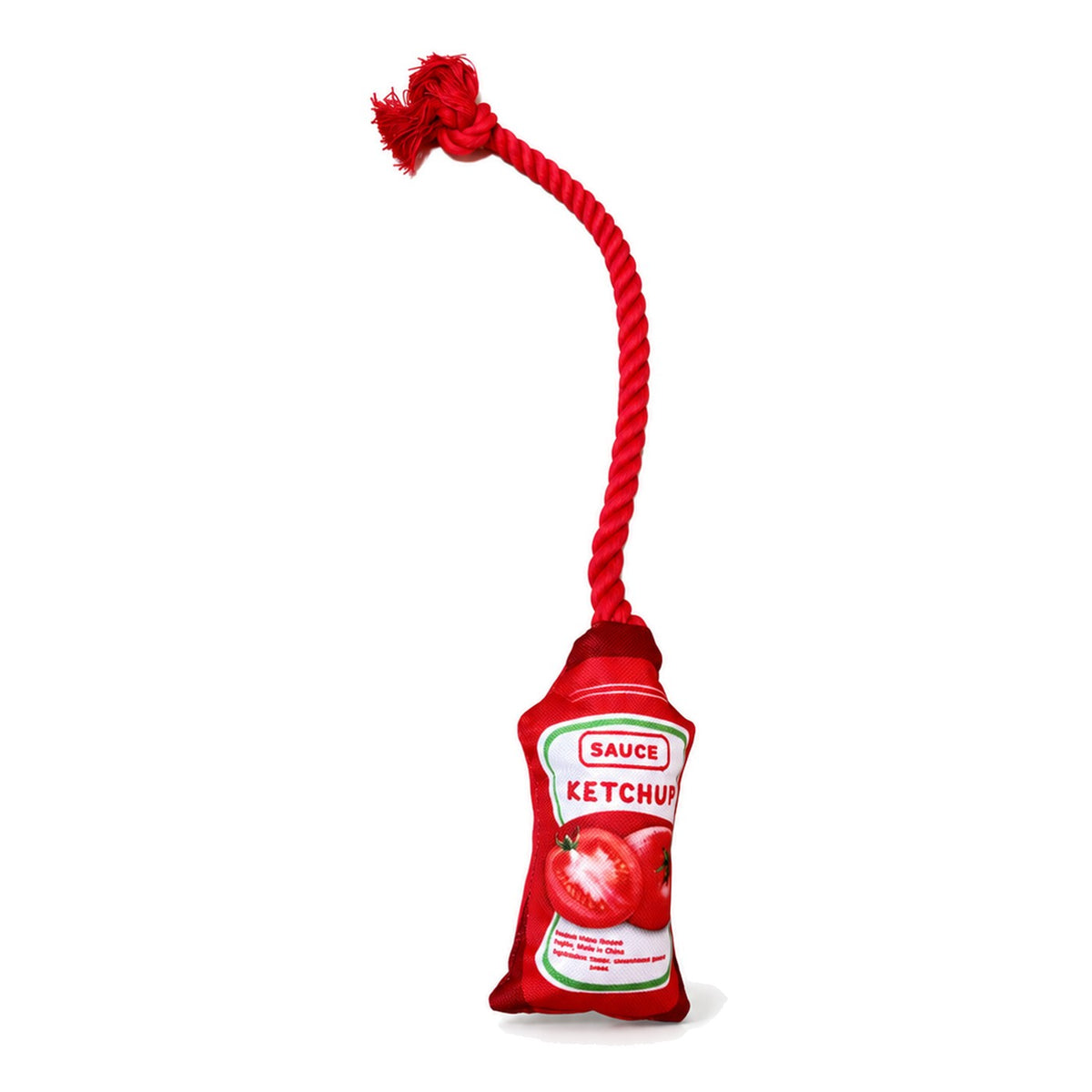 Ketchup sauce-bottle rope toy with red rope loop on white
