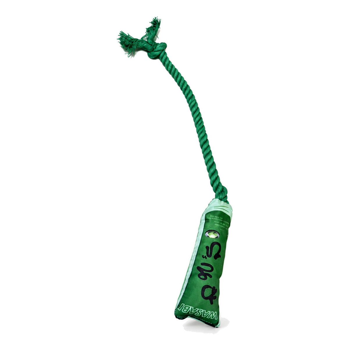 Wasabi sauce-tube rope toy with green rope loop on white