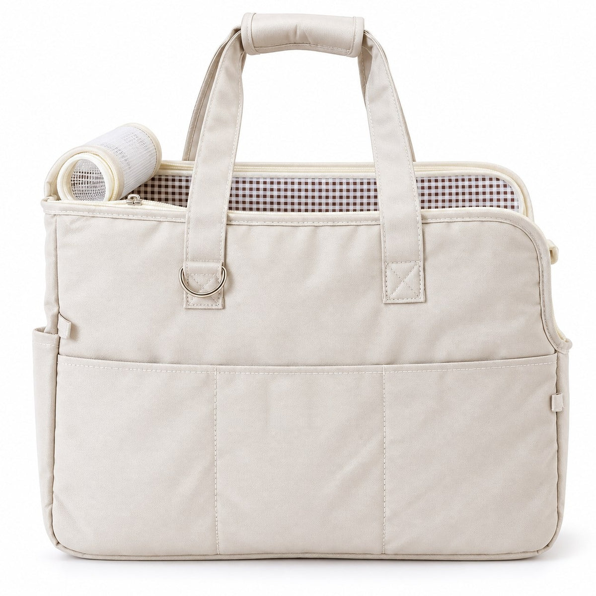 Beige pet travel tote with two handles, front pocket and checked lining on white