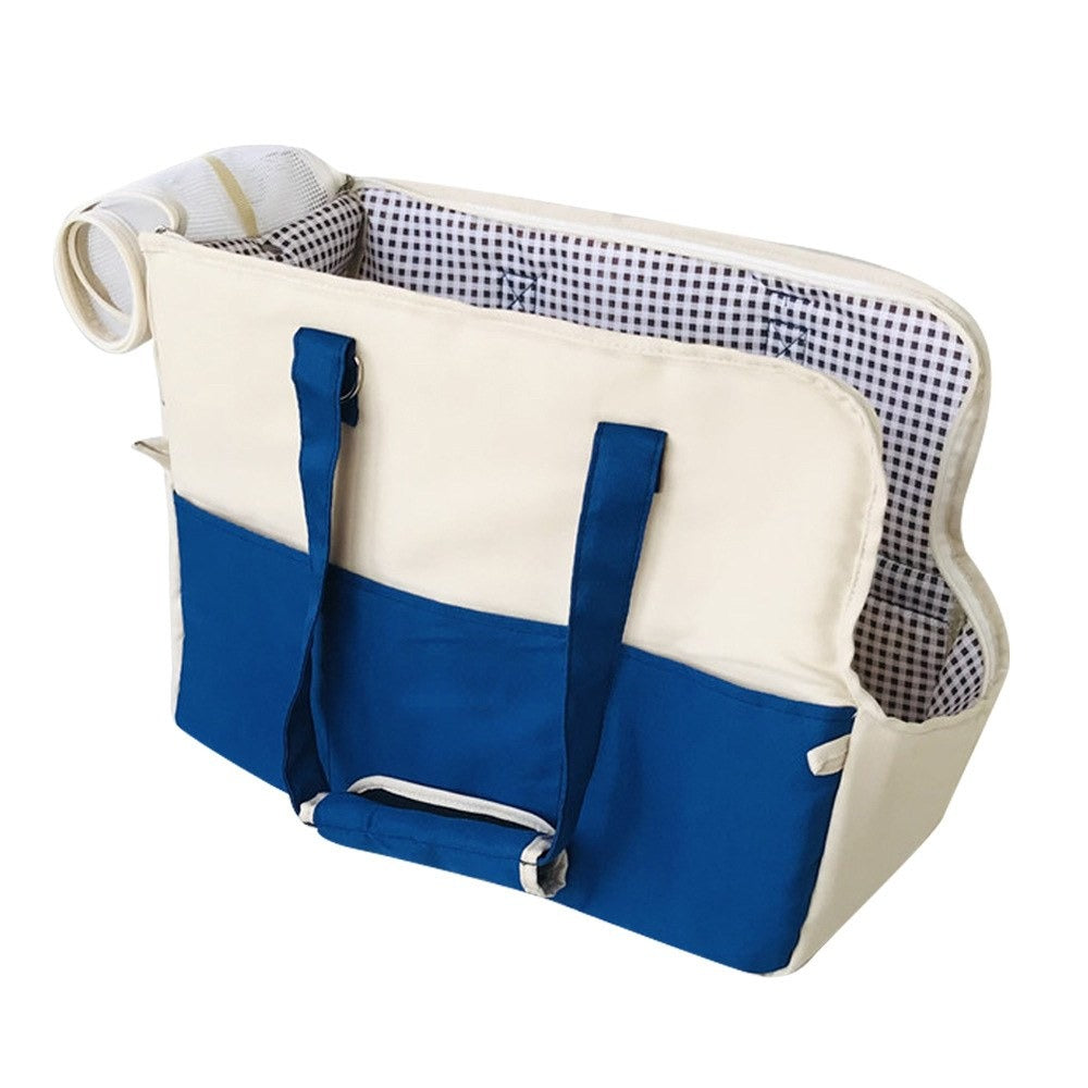 Pet travel tote in blue and cream with a checked lining